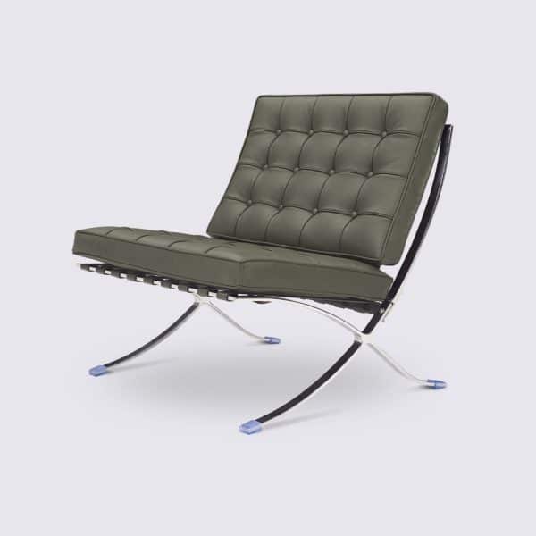 fauteuil barcelona replica cuir vert khaki style knoll base poli