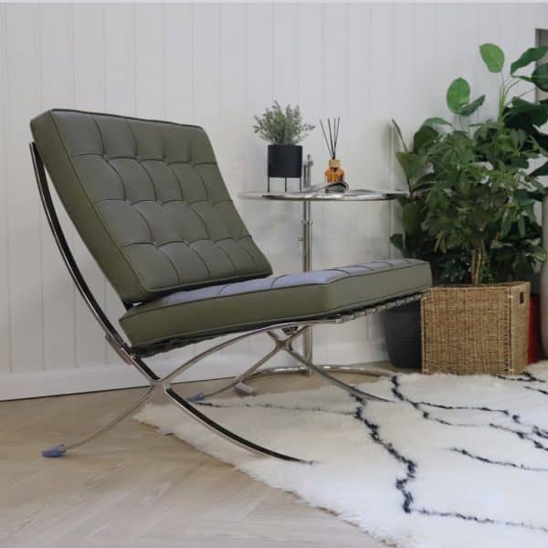 fauteuil barcelona replica cuir vert khaki style knoll acier inox