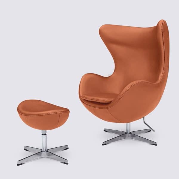 fauteuil egg chair jacobsen avec repose pieds cuir cognac et aluminium dupe