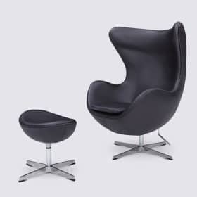 Fauteuil de salon et repose pieds design en cuir pleine fleur noir – Oeuf