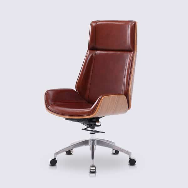 chaise de bureau-scandinave en cuir marron vintage bois de noyer avec roulette dossier haut nordic